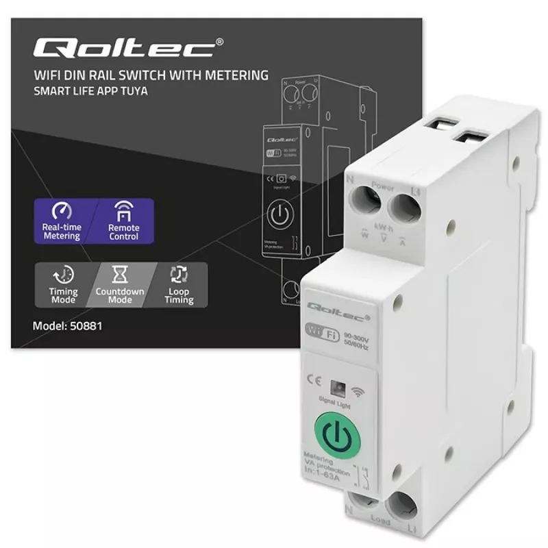 Relè Wi-Fi per guida DIN QOLTEC 50881 — relè commutatore di rete 63A per impianti elettrici