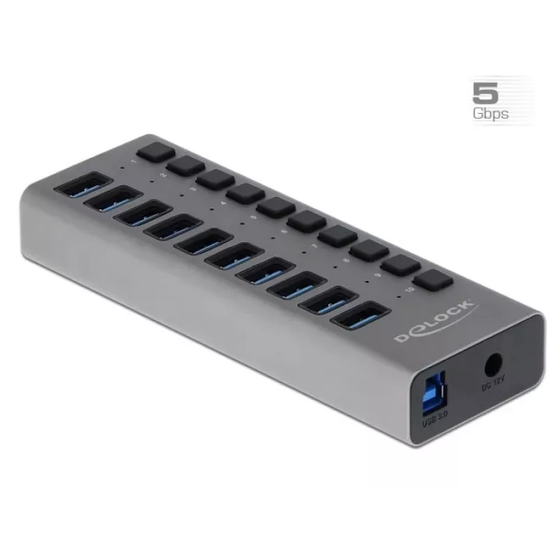 Hub USB esterno 5 Gbps DeLOCK con 10 porte + interruttore