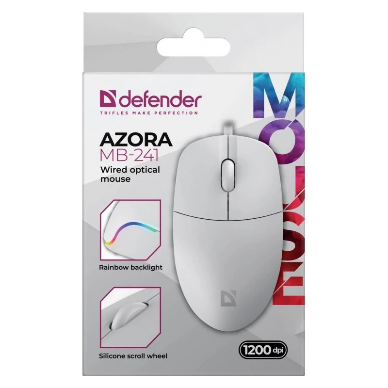 Mouse con filo DEFENDER AZORA MB-24 — mouse ottico USB ambidestro, 1200 dpi, 3 modalità di risoluzione, bianco, 109×86×34 mm