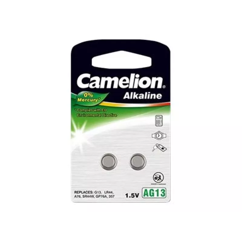 Pila a bottone CAMELION AG13 / LR44 / 357 alcalina, 1,5 V — confezione da 2