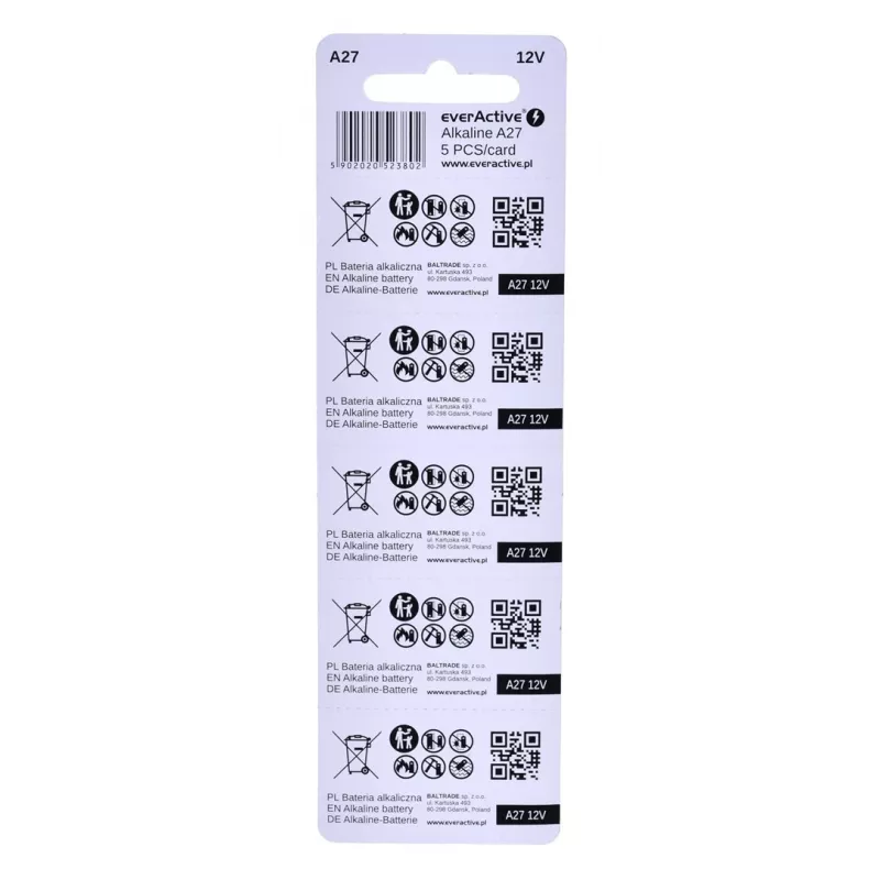 everActive 27A5BL batteria alcalina 27A 12 V, blister da 5 pz., 7,6 x 27,3 mm