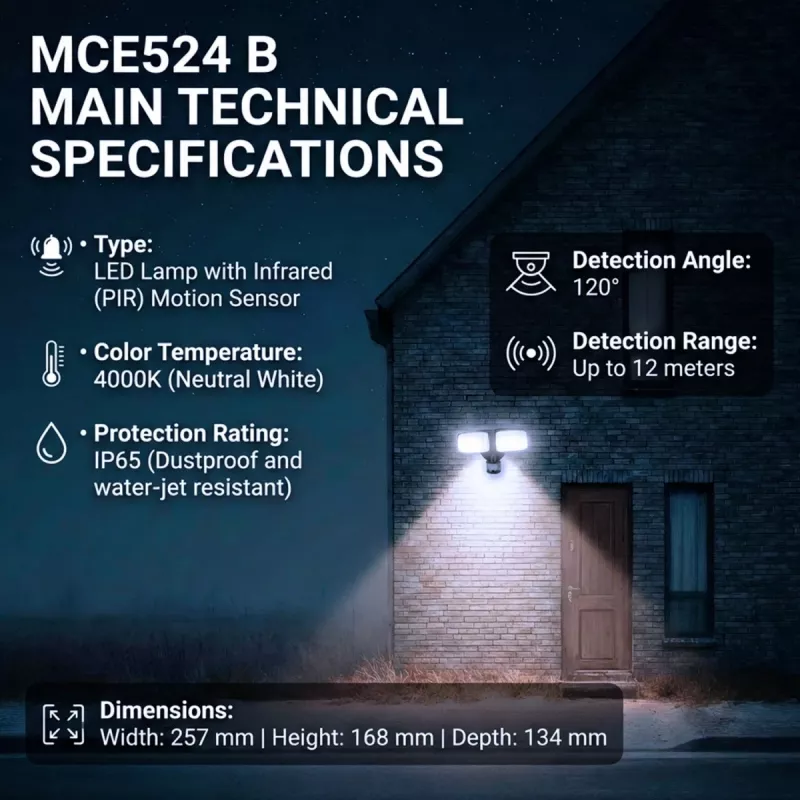 Lampada da parete LED MACLEAN MCE524 con rilevatore di movimento PIR, modello MCE524 B