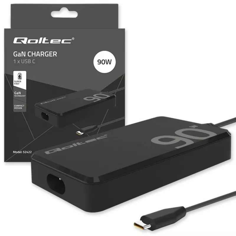 Caricabatterie da parete Qoltec 90W GaN Super Fast SLIM | XP | 5-20V | 4,5A | USB-C 3.1 | Laptop | MacBook | Smartphone | + cavo