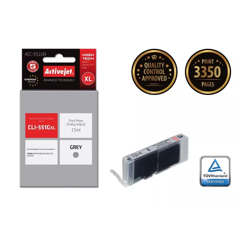 Cartuccia d'inchiostro ActiveJet ACC-551GN — compatibile Canon CLI-551GXL, grigio, High (XL) 15 ml