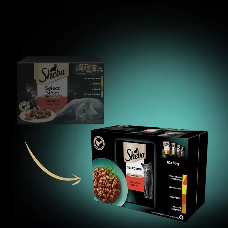 Cibo umido per gatti Sheba Moist, bustine 12×85 g (1020 g), pollo e agnello, adulti