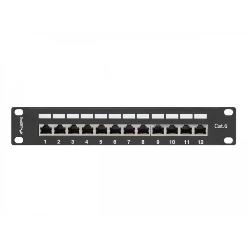 Patch panel LANBERG PPF6-9012-B — 12 porte RJ45, metallo, nero, 1U (215×44,5×130 mm)
