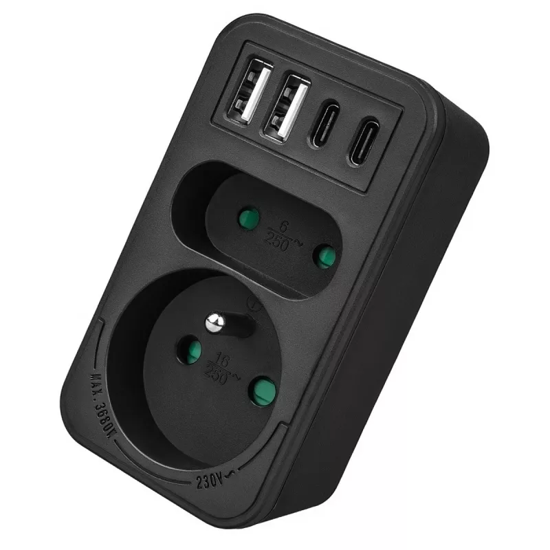 Power splitter MACLEAN MCE249 F/B – 2 prese AC (16A + 6A) con 2×USB-A e 2×USB-C PD 20W, spina EU, nero