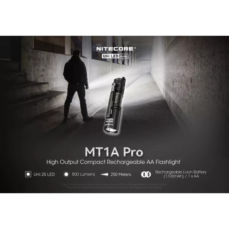 Torcia portatile Nitecore MT1A Pro — LED 50 lm, USB ricaricabile, 1100 mAh, alluminio, impermeabile, resistente agli urti, nero