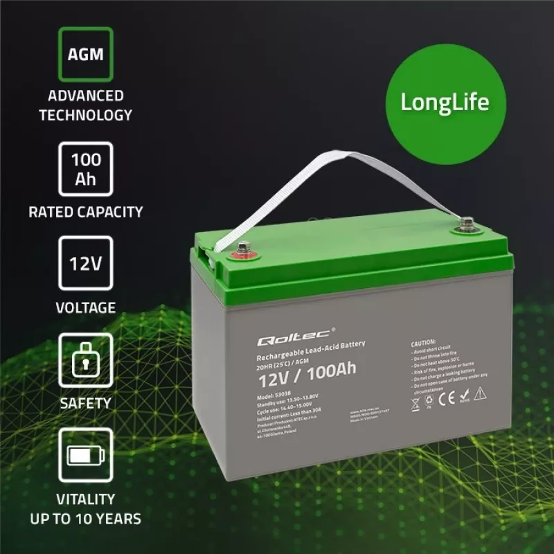Qoltec 53038 batteria AGM | 12V | 100Ah | max 1200A