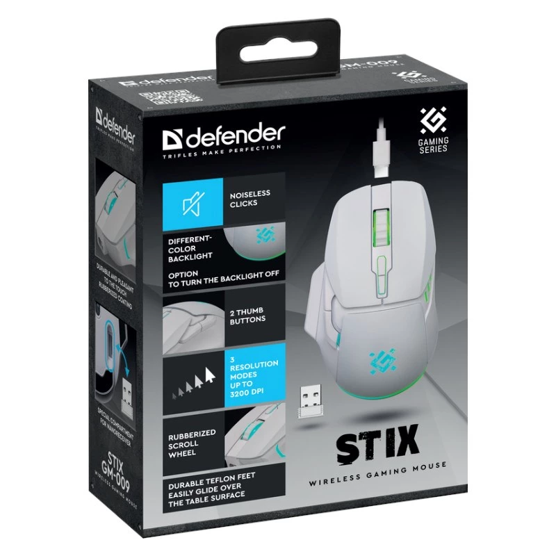 Mouse wireless DEFENDER Stix GM-009 RF — ottico 3200 DPI, 6 tasti, ambidestro, USB RF, a batteria, bianco
