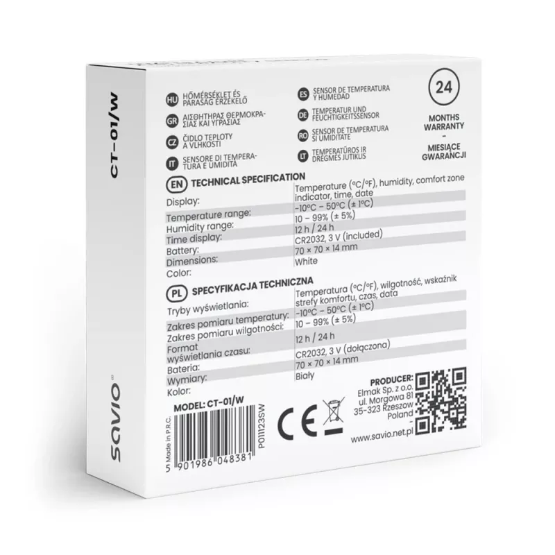 Sensore di temperatura e umidità per interni SAVIO CT-01/W, display LCD, -10–55 °C, 10–99 % rH, batteria CR2032