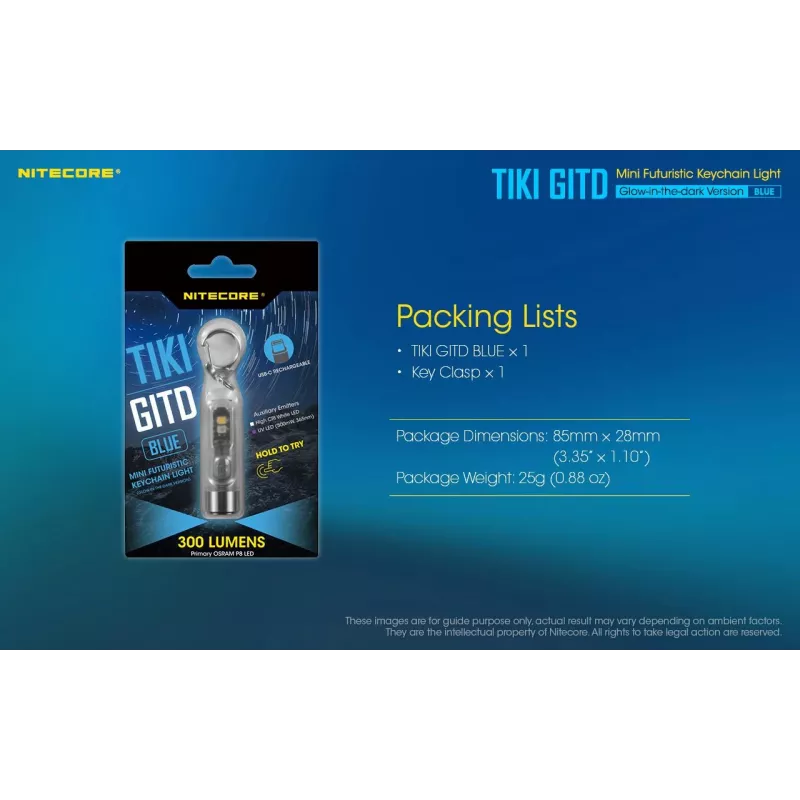 Nitecore TIKI GITD BLUE torcia, serie T, 300 lumen