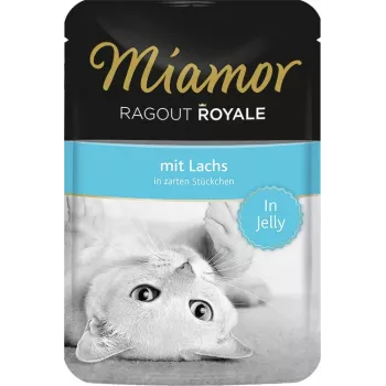 Cibo umido per gatti Miamor Ragout Royale in gelatina salmone 100 g — adulti, 82 kcal/100 g, proteine 8%, grassi 5%, umidità 82%