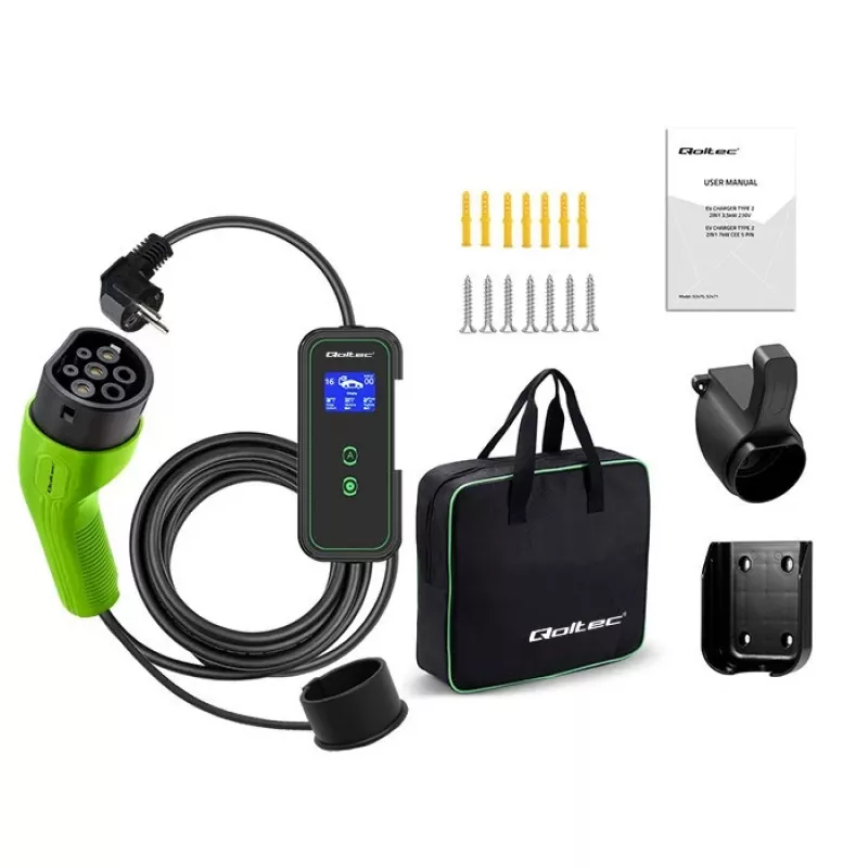Caricabatterie mobile EV Qoltec regolabile 2in1 Type2 | 3.5kW | 230V | Wi-Fi | LCD | portatile | wallbox | 5m