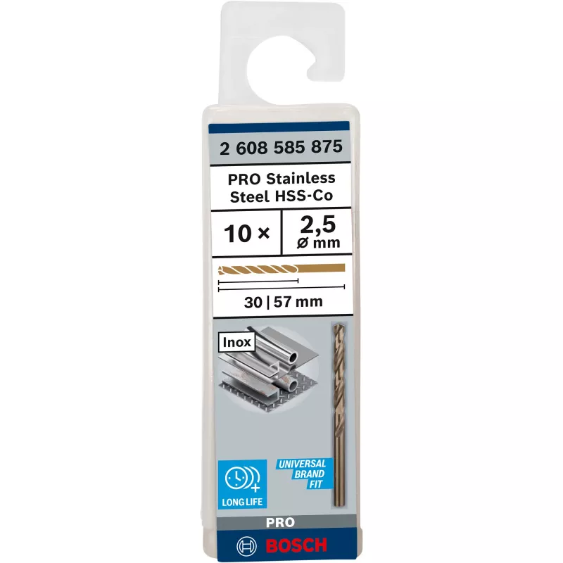 Bosch 2 608 585 875 PRO Stainless Steel HSS-Co punte elicoidali, Ø 2,5 mm, lunghezza utile 30 mm, codolo cilindrico, 10 pz.