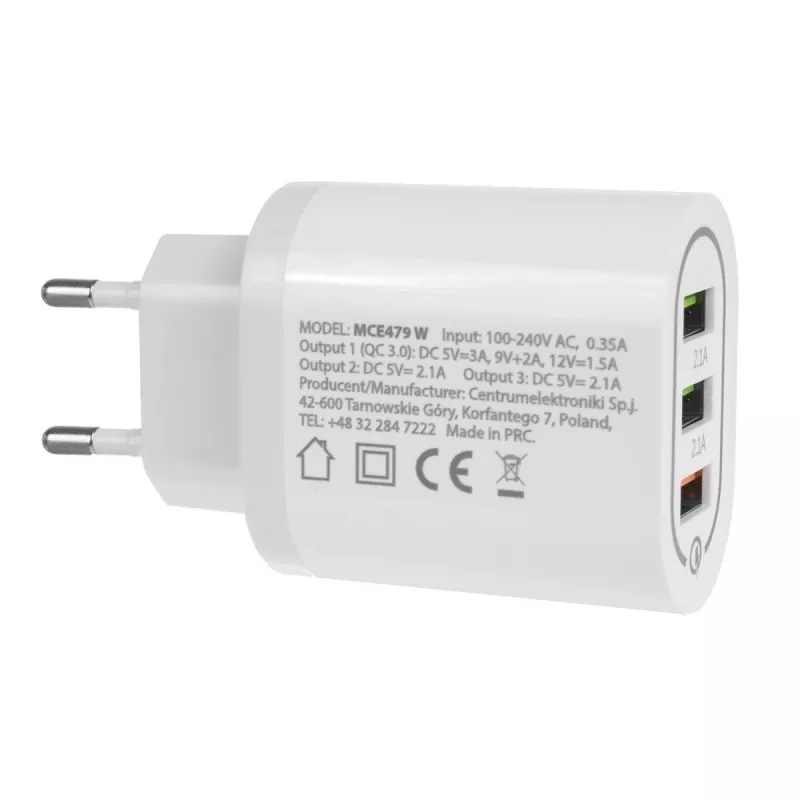 Caricabatterie da parete MACLEAN MCE479W — caricabatterie rapido USB 3 porte, potenza totale 18W