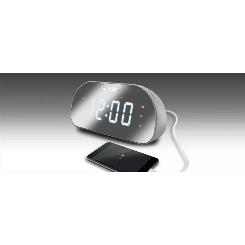 Radiosveglia Muse M-170CMR — radiosveglia digitale, display LED da 1,2 pollici, FM, AC 230V, backup AAA, specchio/bianco