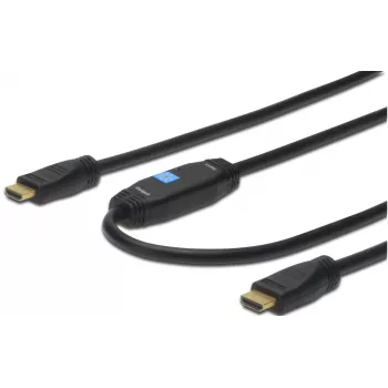 Cavo di collegamento Assmann HDMI High Speed. Type-A. con amplificatore. M/M. 40,0 m. ex HDMI 1.3. UL. blu. oro (AK-330105-400-S)