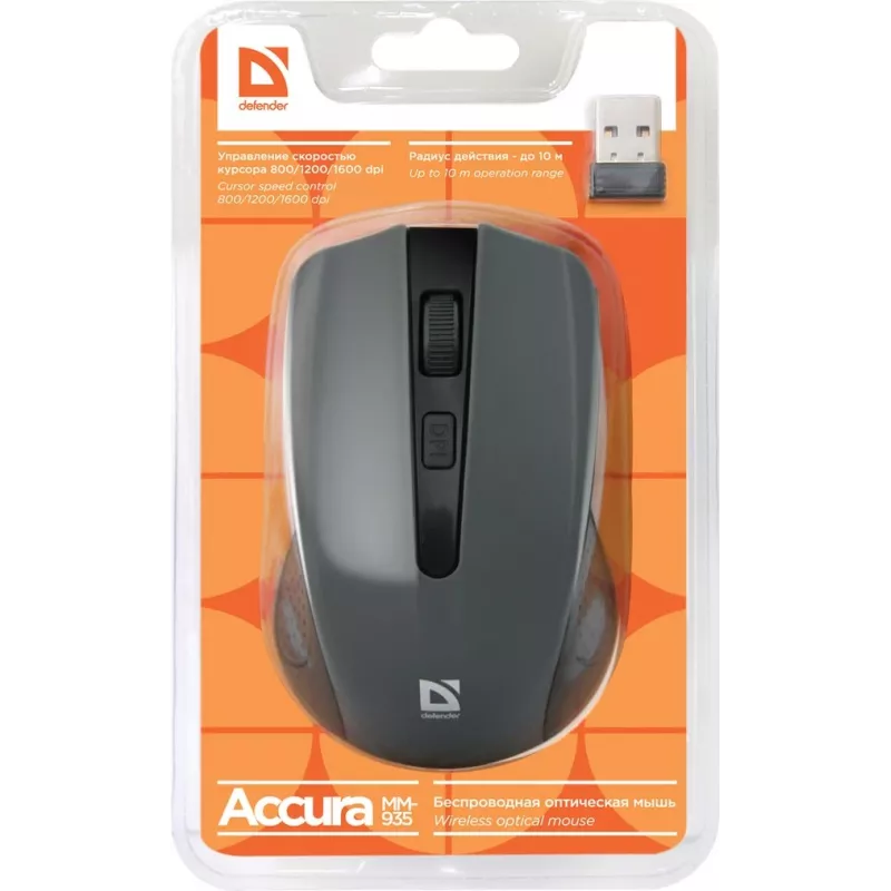 Mouse ottico senza fili DEFENDER MM-935 RF, ambidestro, 1600 DPI, grigio, ricevitore USB, batterie AAA