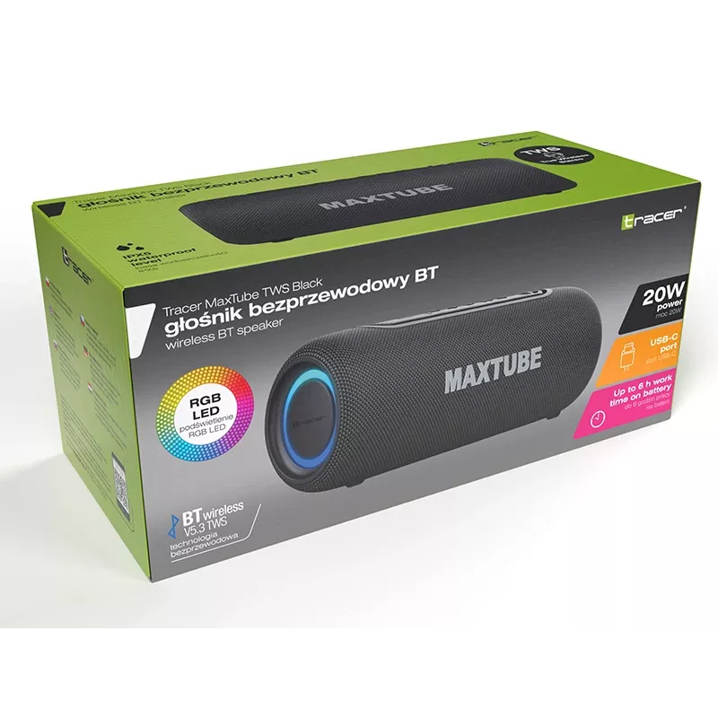 Altoparlante TRACER MaxTube 20W TWS Bluetooth, nero — suono wireless portatile, audio stereo