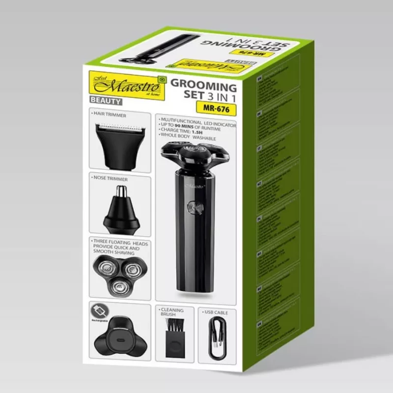 Set di rasatura Maestro MR-676 3-in-1 USB ricaricabile design compatto