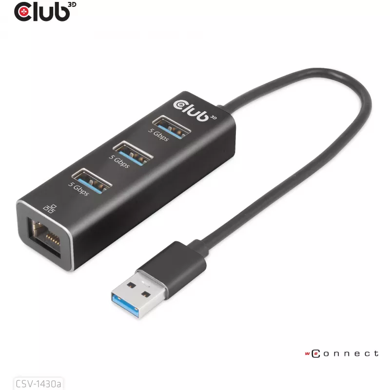 Hub USB CLUB3D USB 3.2 Gen1 Type-A con 3 porte e Gigabit Ethernet