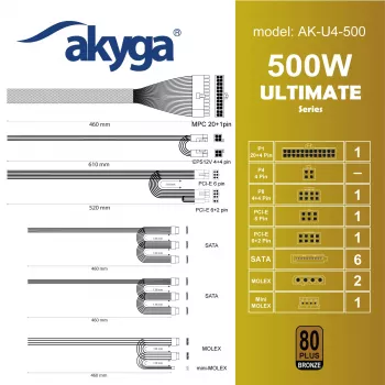 Akyga Ultimate AK-U4-500 alimentatore ATX 500 W, 80 PLUS Bronze, PFC attivo, ventola 120 mm
