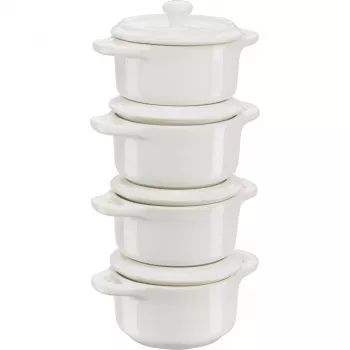 Set 4 mini cocotte Staub rotonde, ceramica, bianco avorio (1009383)