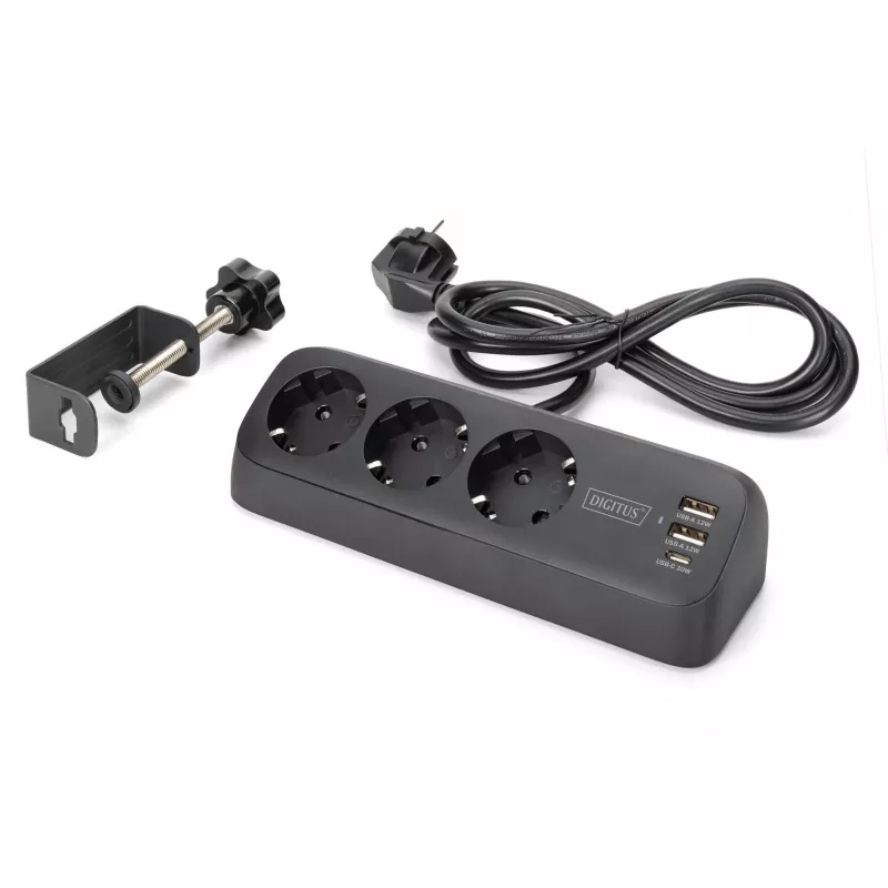 Ciabatta multipla DIGITUS 3 prese con 2×USB-A & 1×USB-C, 3 prese AC Tipo E/F, cavo 1,5 m, nero