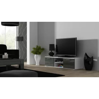Supporto TV cama meble SOHO 140 — 1400×430×370 mm, piano superiore bianco, truciolare, struttura bianca, bianco/grigio lucido