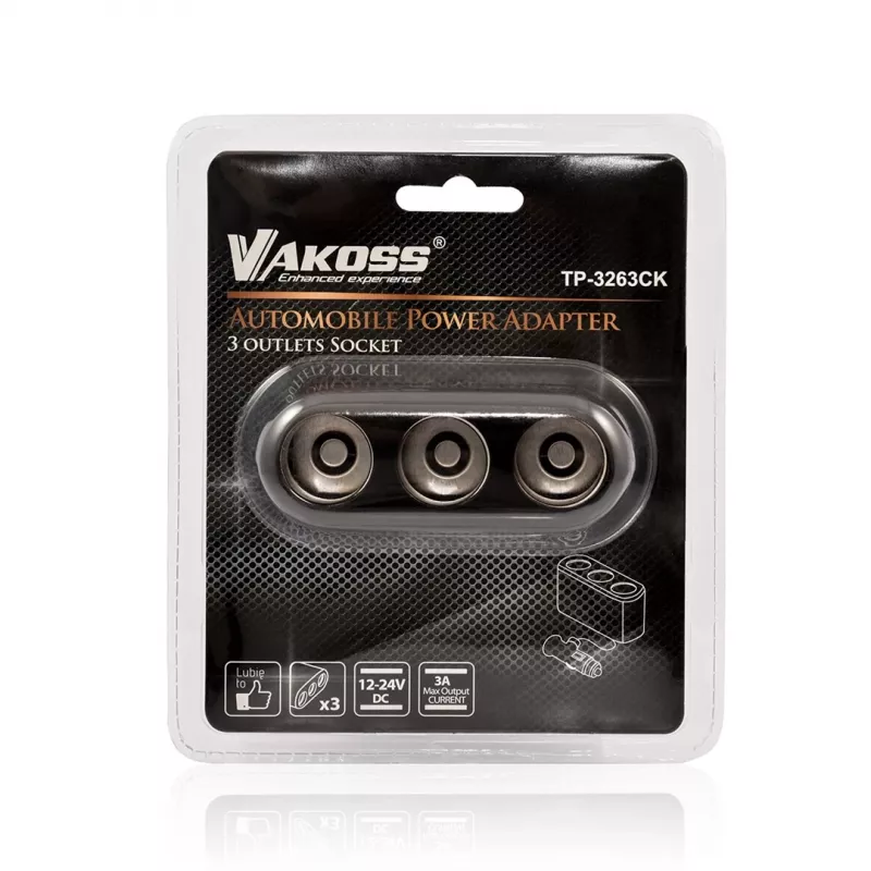 Distributore per accendisigari auto VAKOSS TP-3263CK — adattatore di alimentazione 12V da 1 a 3, uscita 3A, nero