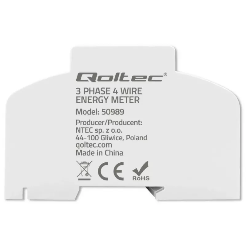 Contatore elettronico bidirezionale trifase Qoltec | Contatore di consumo energetico per guida DIN | 400V | 100A | LCD | 4P