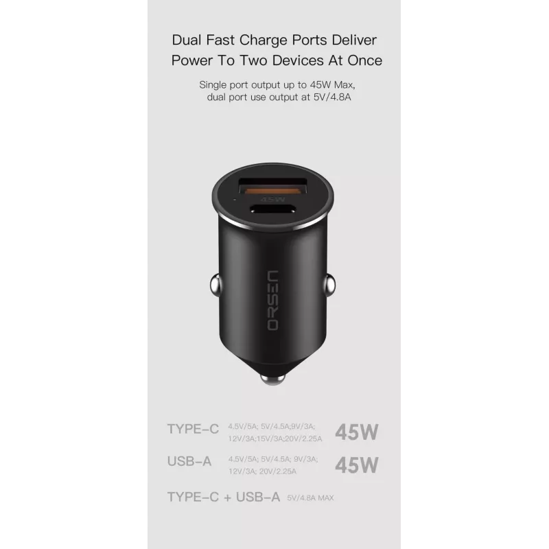 Caricabatterie da auto Orsen C8 45W — ricarica rapida USB-C PD 45W, nero