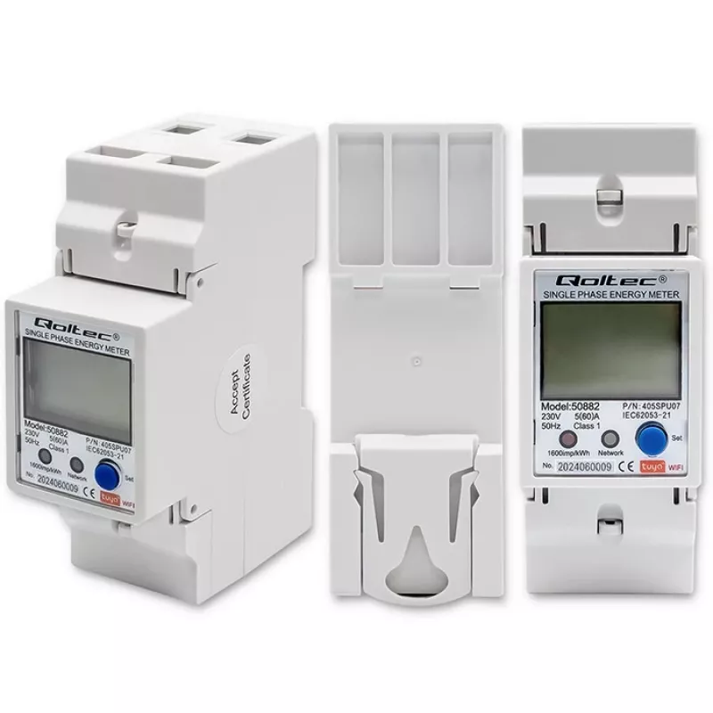 Qoltec 50882 contatore elettronico monofase del consumo energetico per guida DIN | Wi-Fi | TUYA | 230V | LCD