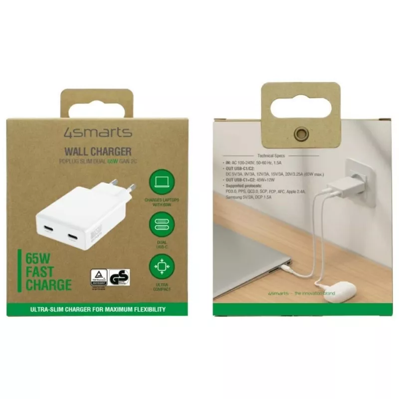 Caricabatterie PDPlug Dual 65W GaN 2xUSB-C bianco