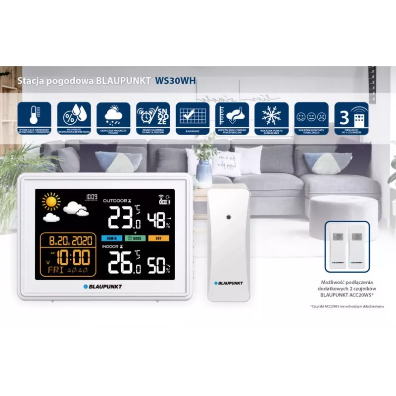 Stazione meteo BLAUPUNKT WS30WH — monitor di temperatura e umidità interna ed esterna