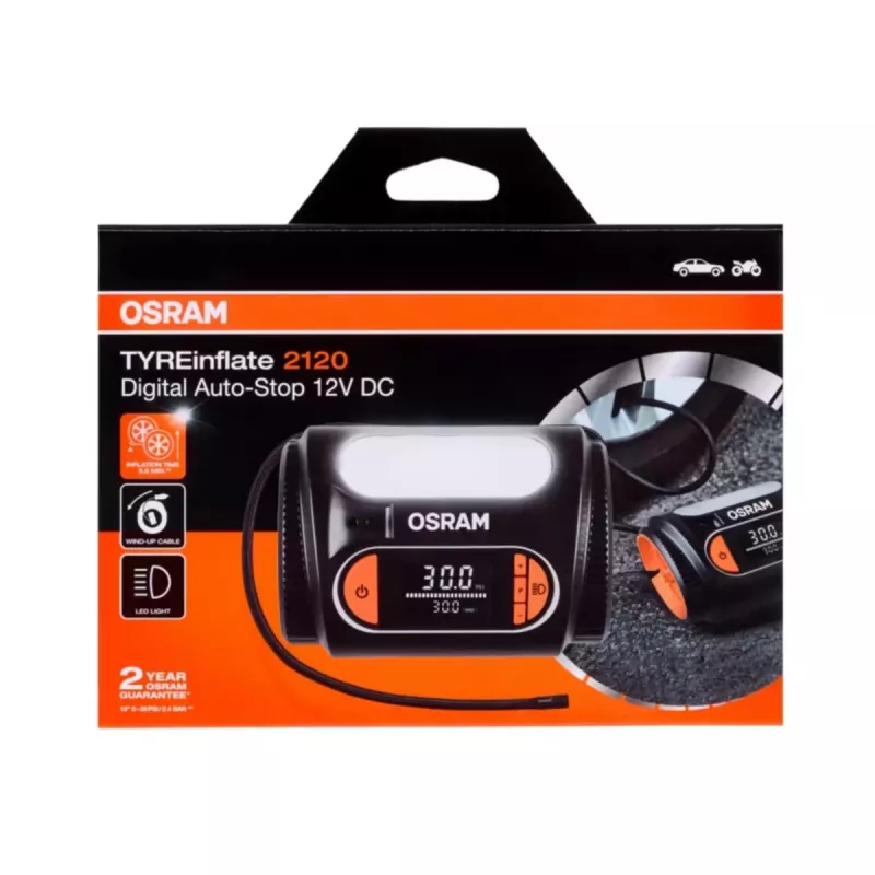 Compressore aria Osram TyreInflate 2120 – compatto gonfiatore per pneumatici 12V a batteria (OTI2120)