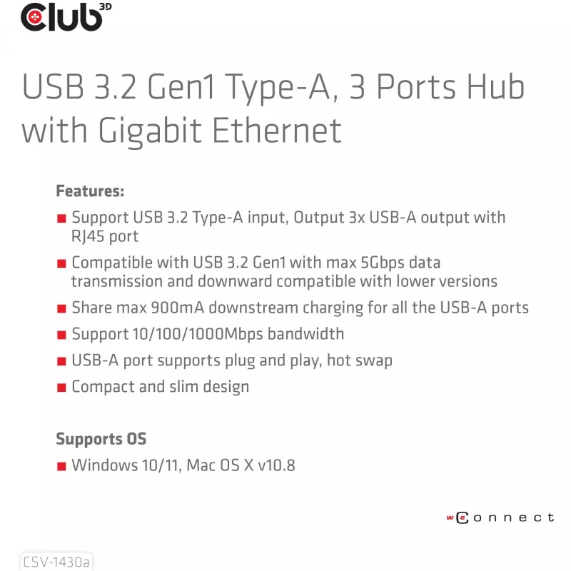 Hub USB CLUB3D USB 3.2 Gen1 Type-A con 3 porte e Gigabit Ethernet