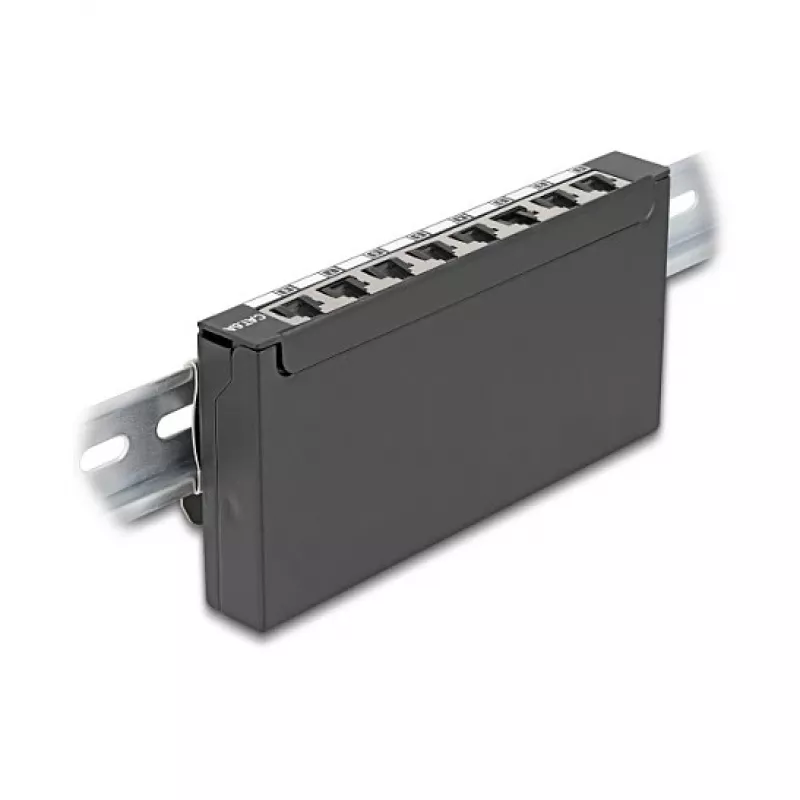 Patch panel DELOCK mini desktop RJ45 8 porte Cat.6A schermato nero per tavolo, parete o guida DIN