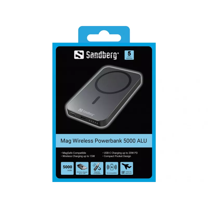 Powerbank portatile Sandberg Mag Wireless Powerbank 5000 ALU, 5000 mAh