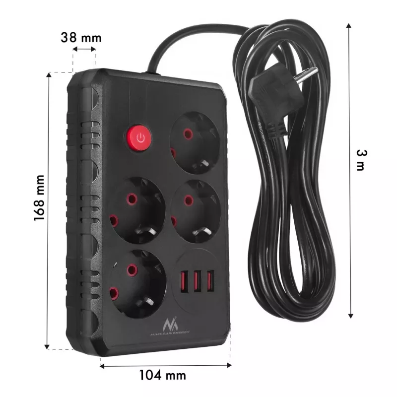 Ciabatta multipresa MACLEAN MCE393 B — 4 prese, 3×USB, 110–240 V, 2500 W, cavo 3 m, nero