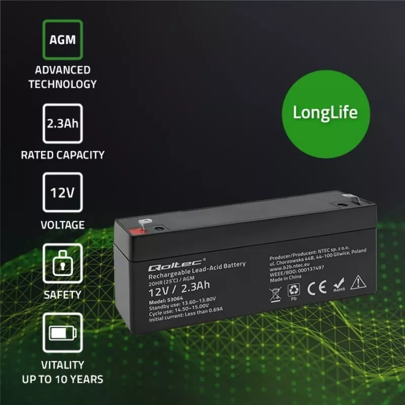 Batteria AGM sigillata QOLTEC 12V 2,3Ah per sistemi UPS e backup, scarica max. 34,5A