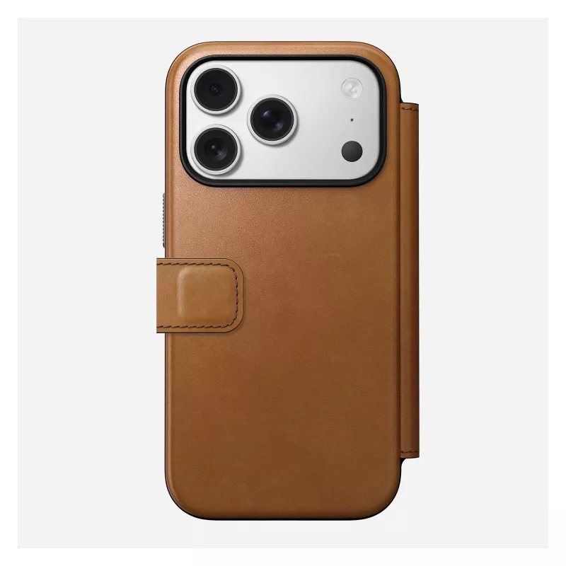 Custodia folio Nomad Modern Leather Folio per iPhone 17 Pro, pelle + alluminio, 6,3 pollici (16 cm), Tan, 3 scomparti per carte