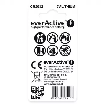 Pila a bottone al litio everActive CR2032 — 3V, 20 mm, 2 pz. blister