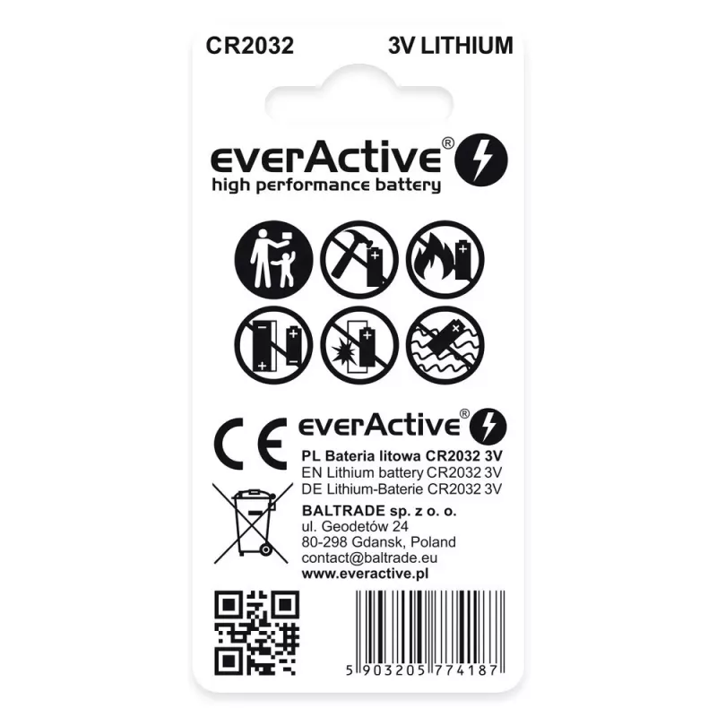 Pila a bottone al litio everActive CR2032 — 3V, 20 mm, 2 pz. blister