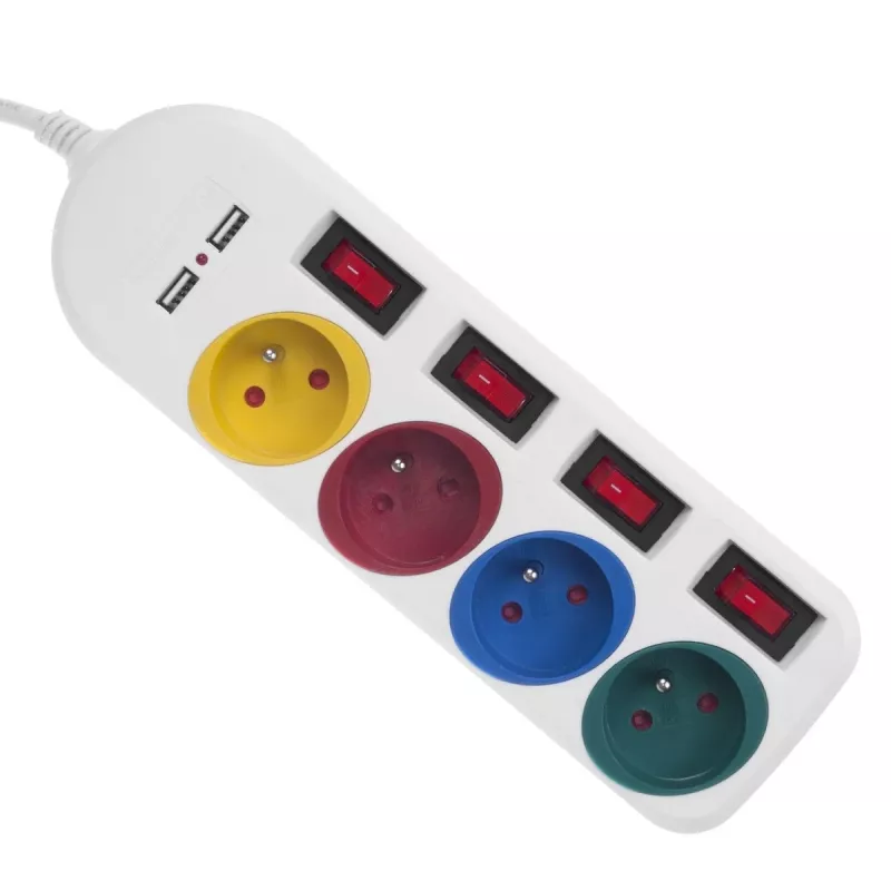Ciabatta MACLEAN MCE229W — 4 prese, 2× USB, cavo 1,5 m, tipo F, 10 A, bianco