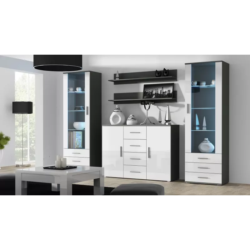 Cama Meble UNI credenza per soggiorno, grigia/bianca lucida
