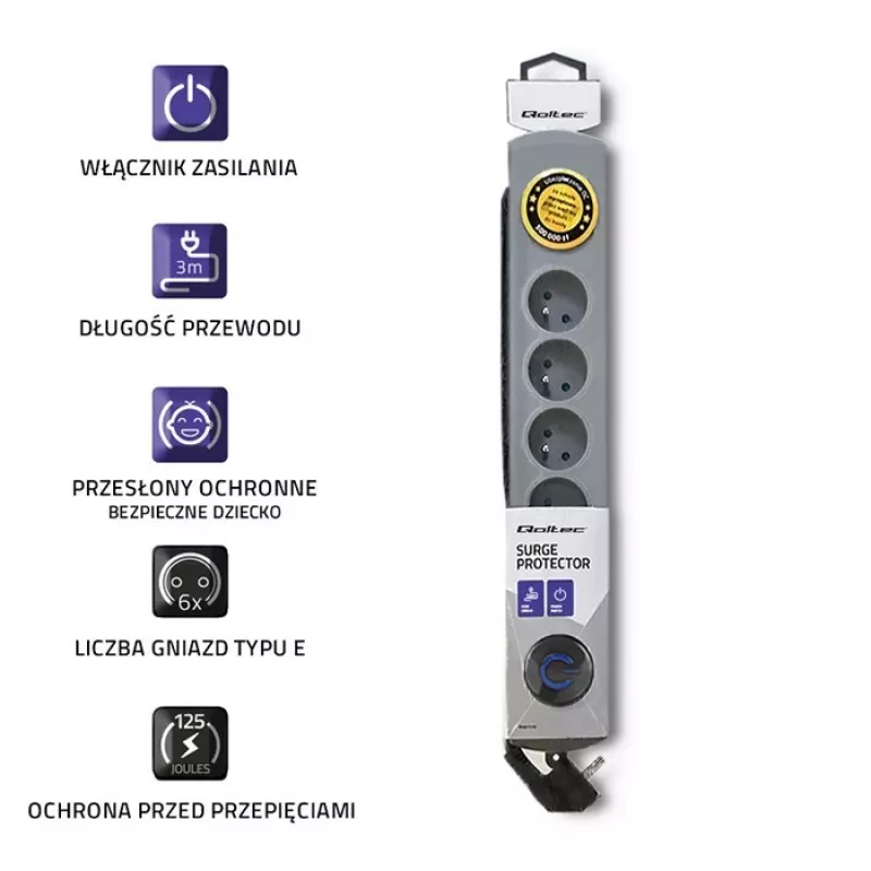Protezione da sovratensione Qoltec 50166 grigio 6 prese AC 230V 3m