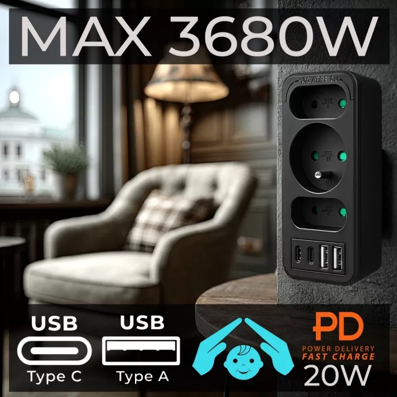 Power splitter MACLEAN MCE248 F/B — 3 prese AC (1x16A, 2x6A) e 4 porte USB (2xUSB‑A, 2xUSB‑C PD 20W), spina EU, nero
