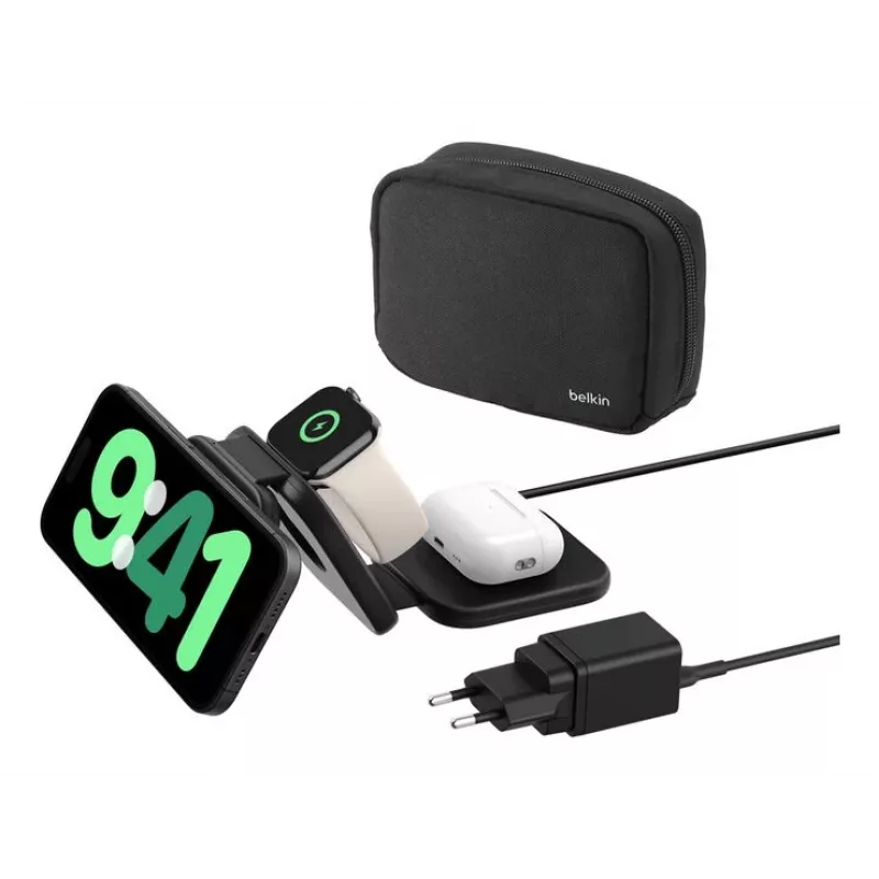 Belkin BoostCharge Pro Qi2 3-in-1 caricabatterie wireless da viaggio magnetico pieghevole, nero, 15 W